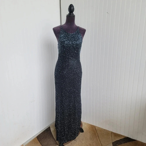 VTG Cache 100% Silk Evening Gown Maxi Dress Pageant Beaded Black Strap Long Sz M - Picture 1 of 16